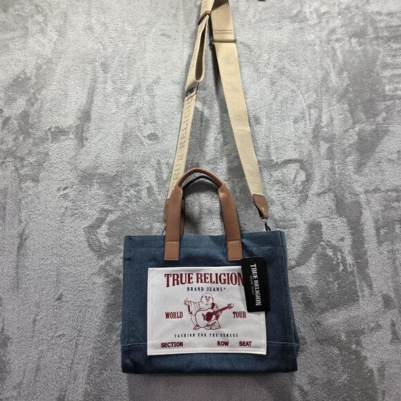 True Religion Tote Bag Medium Denim Canvas Leather Handles Adjustable Strap New - Picture 1 of 10